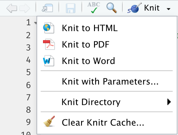 Screenshot of the knit dropdown menu