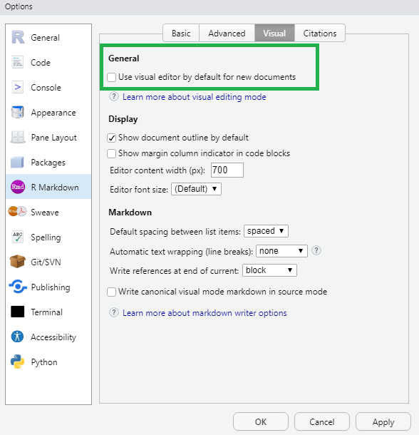 Screenshot of Tools/Global Options/RMarkdown/Visual with option to make Editor view default